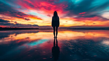 Women on a beach staring at colorful skies in silhouette