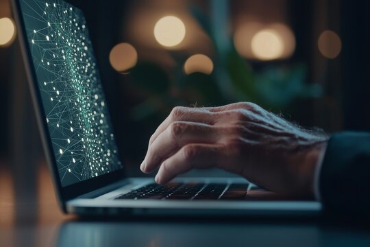 An illustration of a businessman's laptop with a globe and a Life Cycle Assessment icon on the virtual screen to show how the product value chain is impacted by carbon footprints and environmental