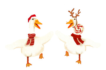 Christmas Ducks geese white Christmas, playing in the snow celebrate happily duck wrapped in a scarf in winter lovely decoration Hand drawn illustration on a transparent background