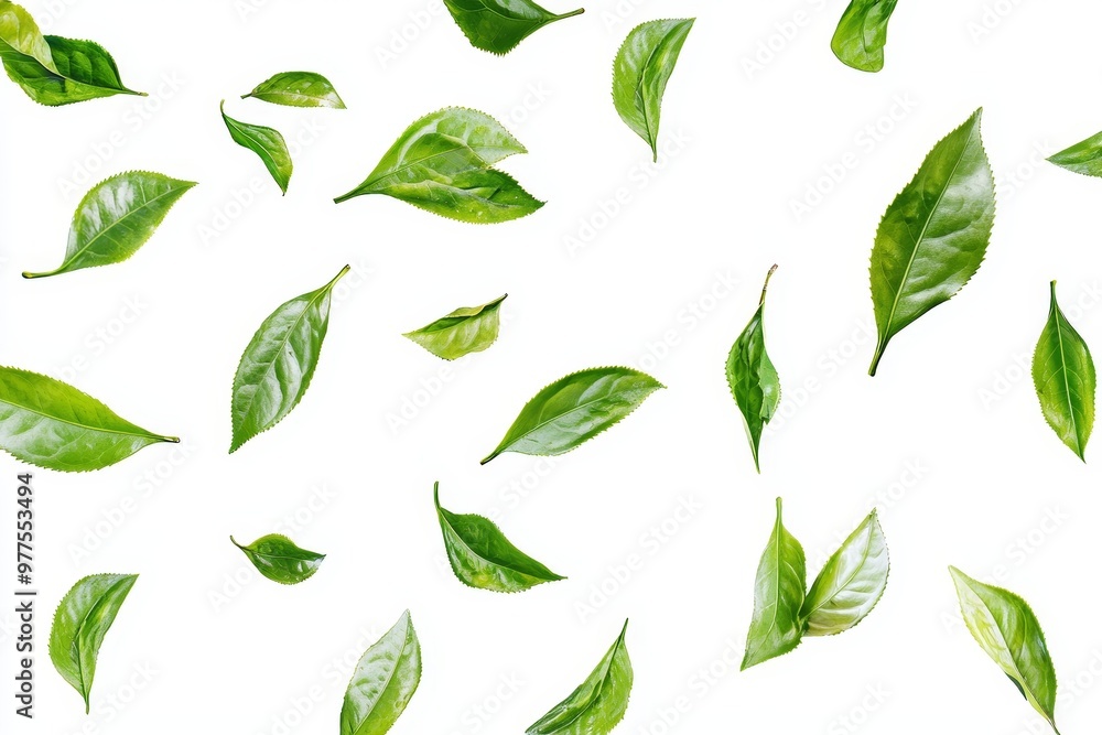 Poster in this image, green tea leaves are flying and falling along with a tropical leaf as a border elemen