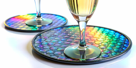 Holographic Champagne Flute Coaster Wide Shot on White Background Showcasing Intricate Patterns and Reflections for Photo Stock Concept