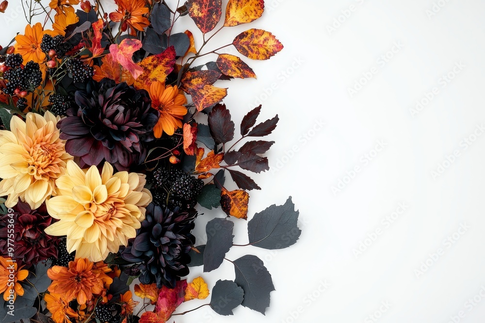 Poster Beautiful bouquet of gloss flowers in golden red and black color on a background with shiny botanical plants, isolated on white.