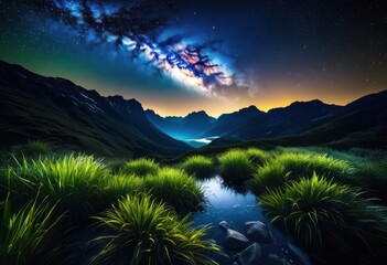 breathtaking night landscape featuring vivid starry rich details beauty, sky, stars, nature, contrast, scenery, view, colors, silhouette, horizon