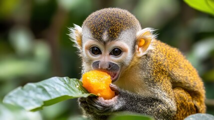 Obraz premium A small monkey eating a piece of fruit from the tree, AI