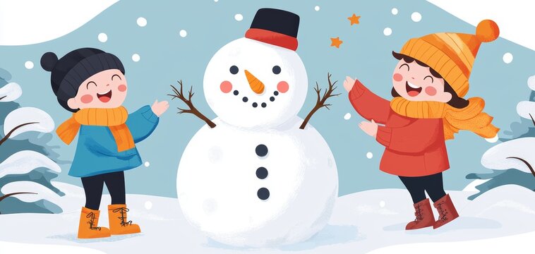 A group of children building a snowman outside, excitedly counting down the hours until the New Year, filled with joy and anticipation