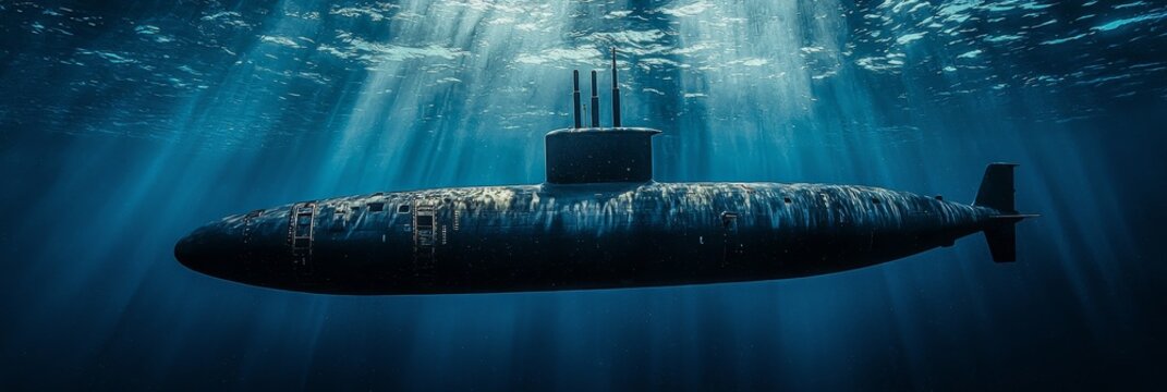 In the middle of the ocean, a generic military nuclear submarine fires an underwater torpedo.