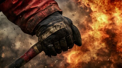 Firefighter&rsquo;s Hand Holding a Fire Hose: A firefighter's hand tightly gripping a fire hose, with a scene of action and smoke in the background. 
