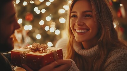 A joyful couple exchanges gifts by a beautifully decorated Christmas tree