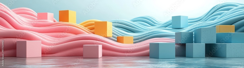 Poster A gradient of 3-D cubes merging into a fluid landscape, Dynamic dimensions on a pastel background, Copy space within a geometric illusion