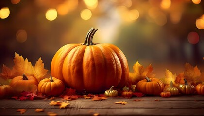 Pumpkin with Autumn Leaves and Gourds. Large Pumpkin Set on a Wooden Table Surrounded by Autumn Decorations, Featuring Colorful Leaves and Small Gourds. Graphic art illustration
