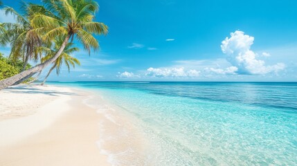 Fototapeta premium A sunny beach with clear turquoise waters, white sand, and palm trees swaying in the breeze, capturing the essence of summer.