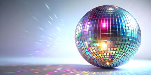 Obraz premium Mesmerizing 3D Holographic Disco Ball Concept: Close-Up Emitting Glowing Light Beams on White Background with Stunning Reflections and Copy Space