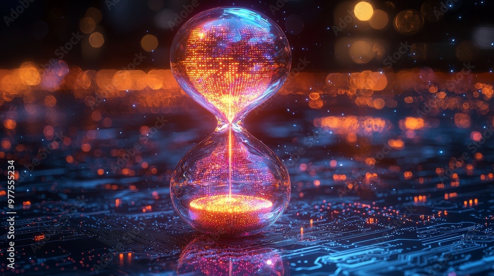 Leinwandbilder As if suspended in cyberspace, a neon hourglass is filled with grains of data flowing between dimensions without end