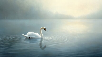 Fototapeta premium A swan gracefully gliding across a calm lake, with soft ripples around it, creating a serene and elegant scene.
