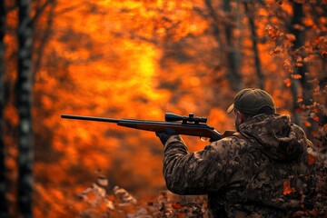 Fototapeta premium Fall Hunting. Hunter in Camouflage with Shotgun in Autumn Nature