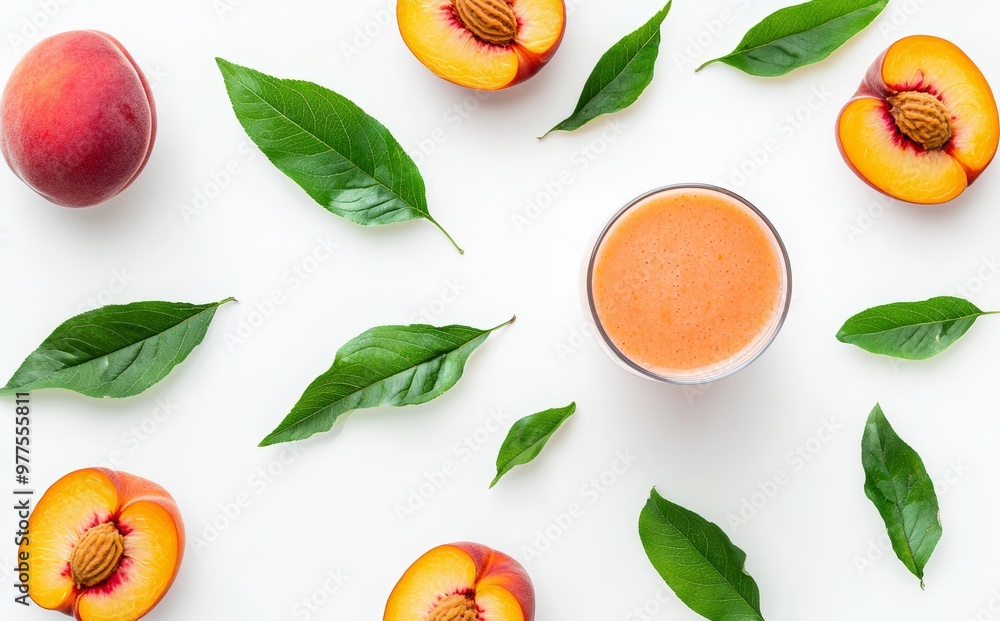Poster the top view of a peach fruit smoothie juice with pieces of peach and green leafy leaves on a backgr