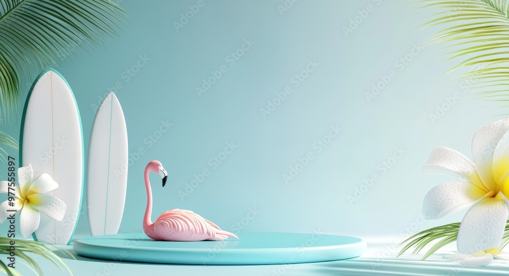 Poster display podium with white circle for product with summer element beach ball, flamingo inflatable and