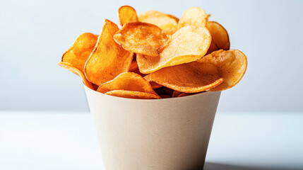 Close-up of a container filled with crispy, golden potato chips against a plain background.