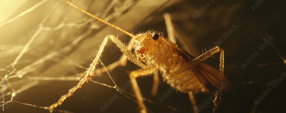 Poster close-up macro shot of an insect trapped on a sticky surface in a dark environment