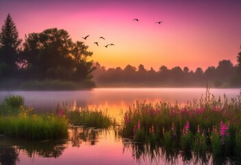 Obraz premium vibrant sunrise reflection tranquil lake surrounded lush nature colorful skies, colors, water, sky, clouds, sunset, scenery, landscape, peaceful, serene