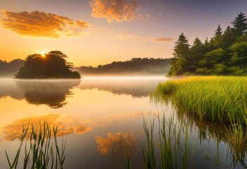 Obraz premium tranquil sunrise over serene water soft reflections calm surroundings, nature, landscape, sky, clouds, light, colors, scenery, morning, beauty, lake