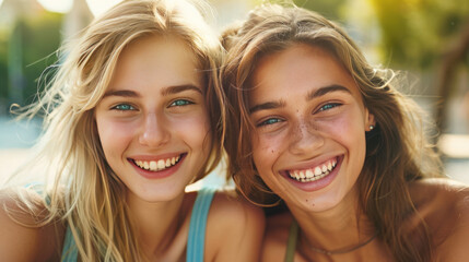 Fototapeta premium Two stunningly beautiful portrait models in short shorts and tank tops, one blonde with blue eyes.