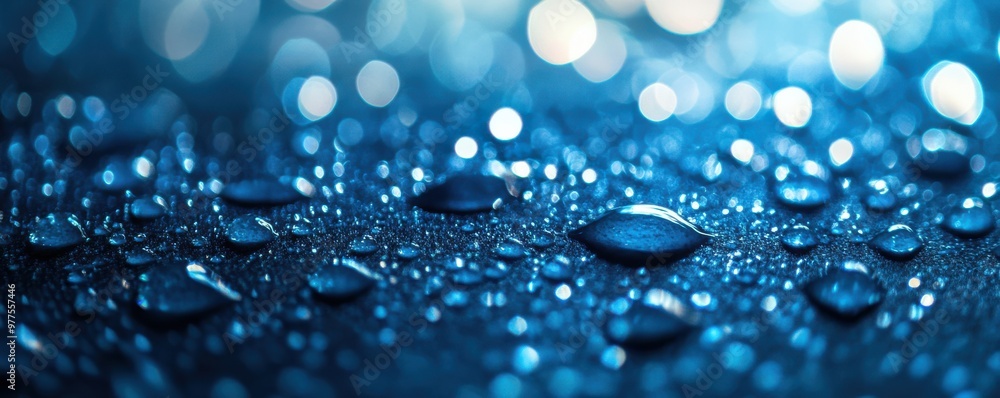 Poster macro shot of disinfectant droplets creating a bokeh effect on a surface, with warm light reflection