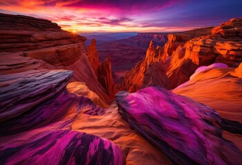 breathtaking rock formations under vibrant sunset hues majestic colors striking shadows, sky, landscape, scenery, nature, evening, twilight, dramatic