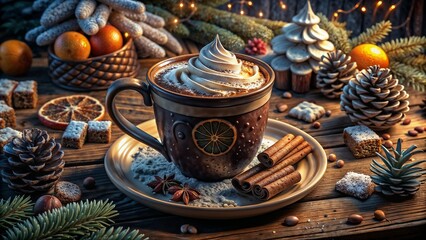 Fototapeta premium Cozy Hot Cocoa with Whipped Cream in a Festive Christmas Setting