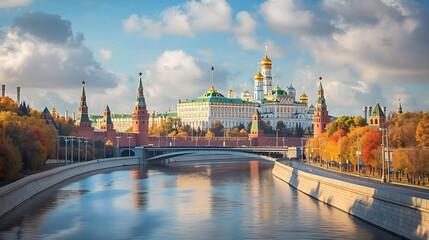 Obraz premium Visiting the Kremlin, Moscow, Russia, allows you to delve into the heart of Russian history and power, with its fortified walls, grand cathedrals, and historic palaces. The iconic red bricks 