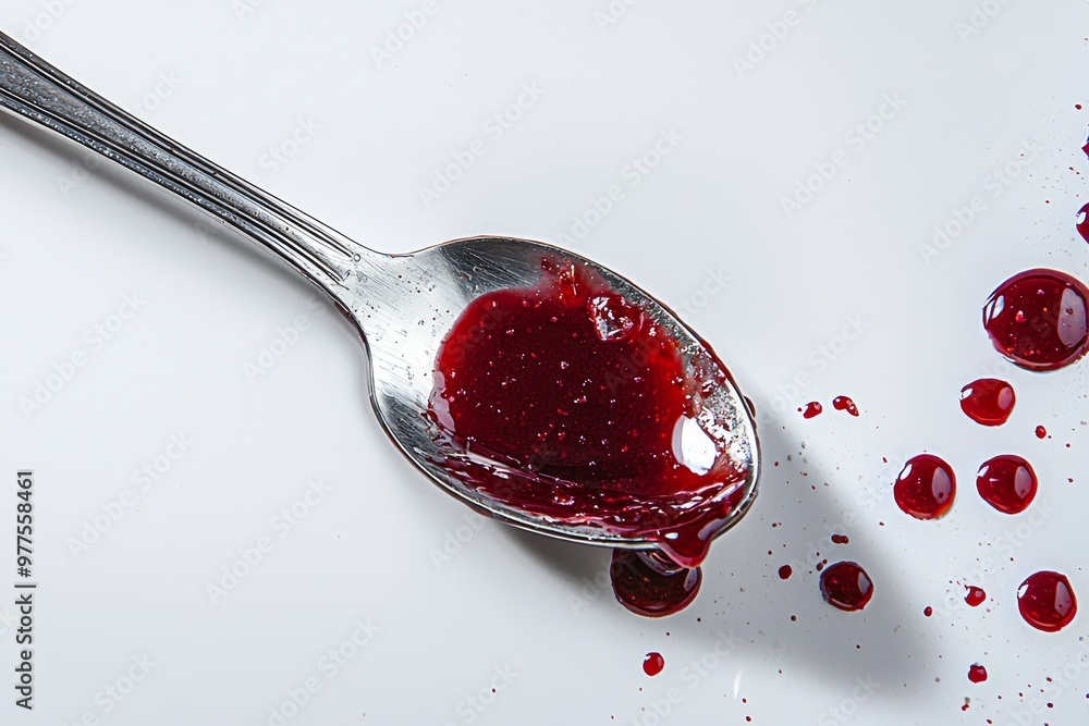 Poster a spoon with a sweet strawberry topping sauce isolated on a red background, a jam sauce that is flav