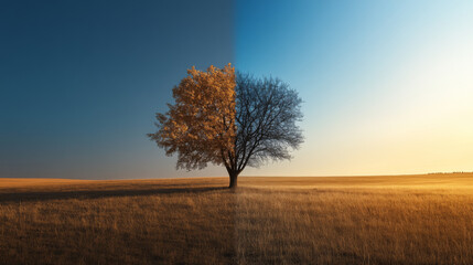 a color shift shot of a lone tree in a vast field, where the lighting casts different hues on either side of the tree. One side is bathed in warm, golden sunlight, while the other fades into cool, sha