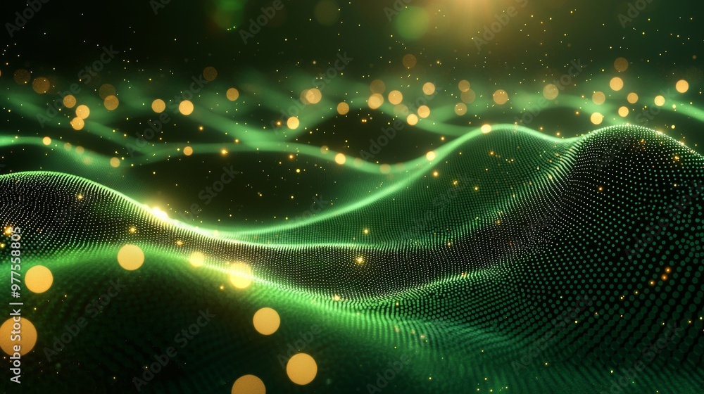 Leinwandbilder This background is composed of glowing green particles that are moving in a wave-like pattern, creating a sense of depth and movement.
