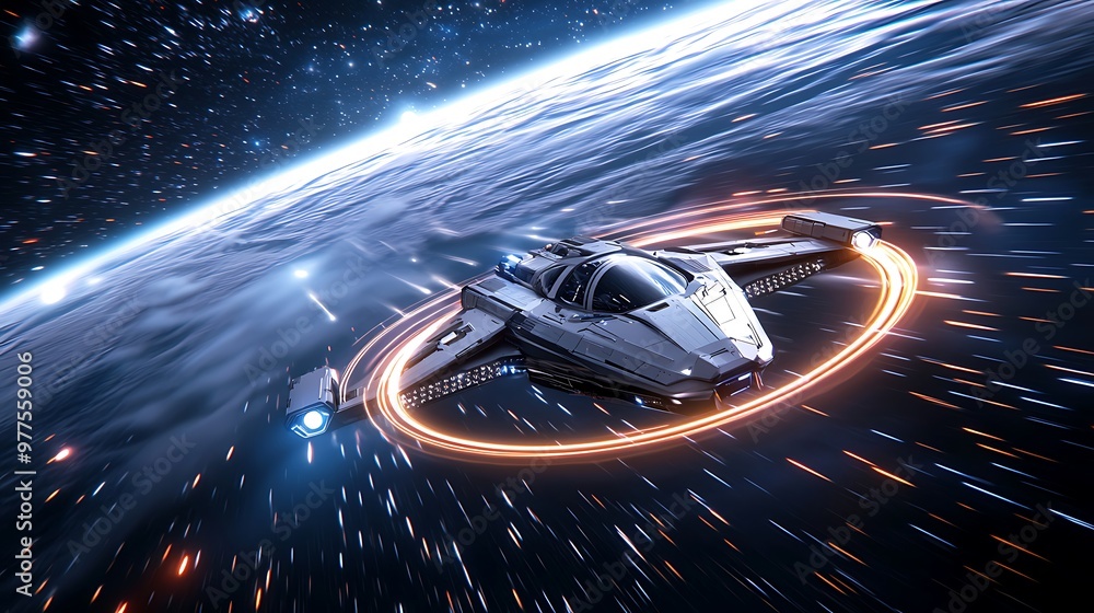 Poster a spaceship flies through the vastness of space, a planet looming large in the background.