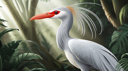 Fototapeta premium Realistic bird illustration in a dense jungle, featuring a white body and red beak, surrounded by green foliage. Ideal for serene and exotic visuals.