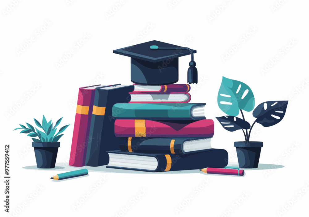 Poster stack of books with graduation cap and plants illustrating e-learning and distance education concept