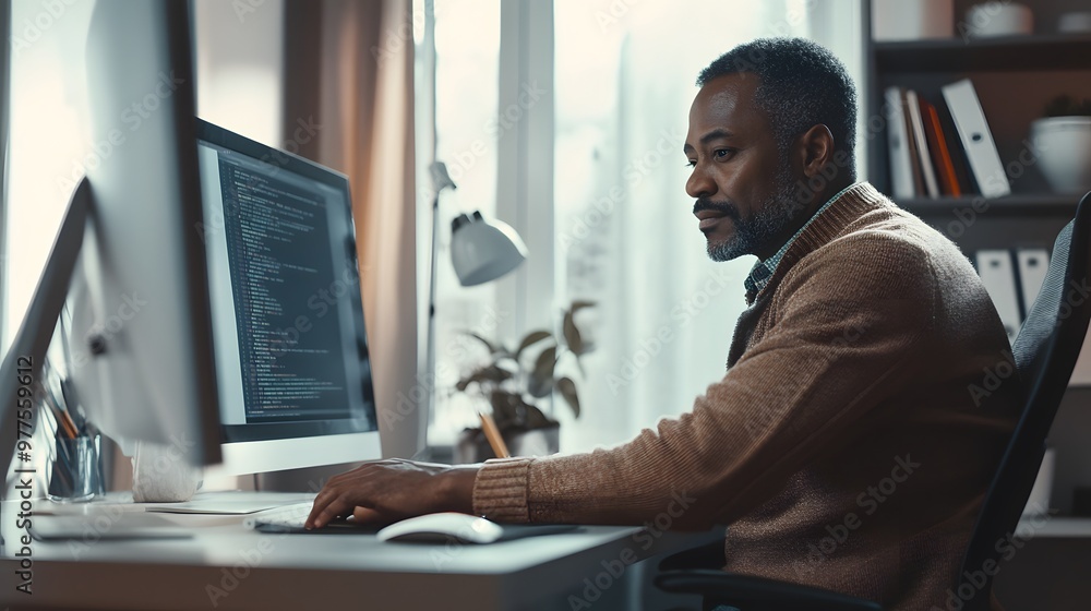 Poster a man working at his desk using a desktop computer