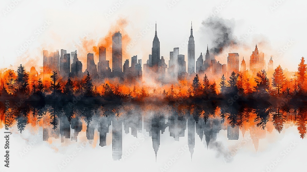 Poster an artistic rendering of a modern city skyline created with abstract elements and splashes of color 