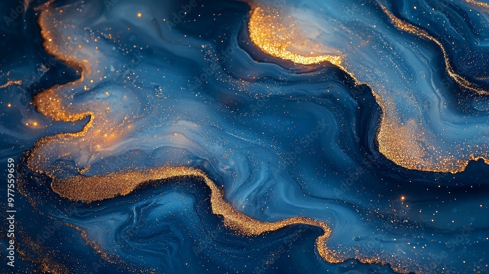 Fototapete an abstract painting with dynamic blue and gold waves displaying rich colors and fluid patterns for 