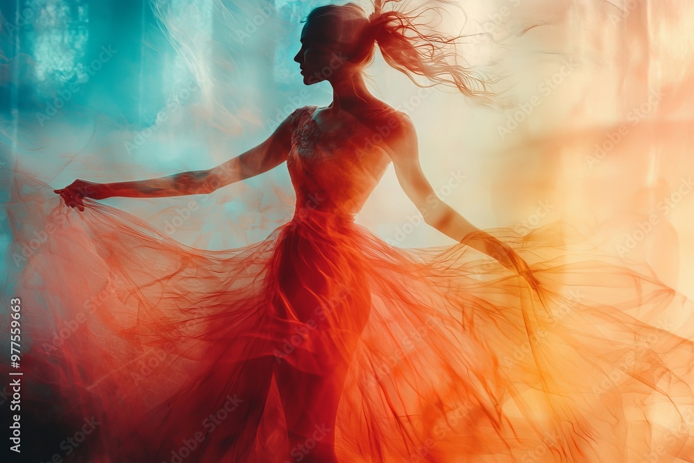 Fototapete abstract watercolor patterns in soft pastels of a dancer's silhouette in a dynamic pose