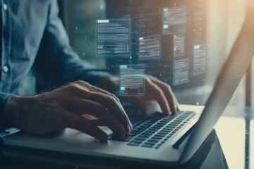 Businessman using computer laptop with invoice icons on virtual screen. E-invoice and online digital statements concept.