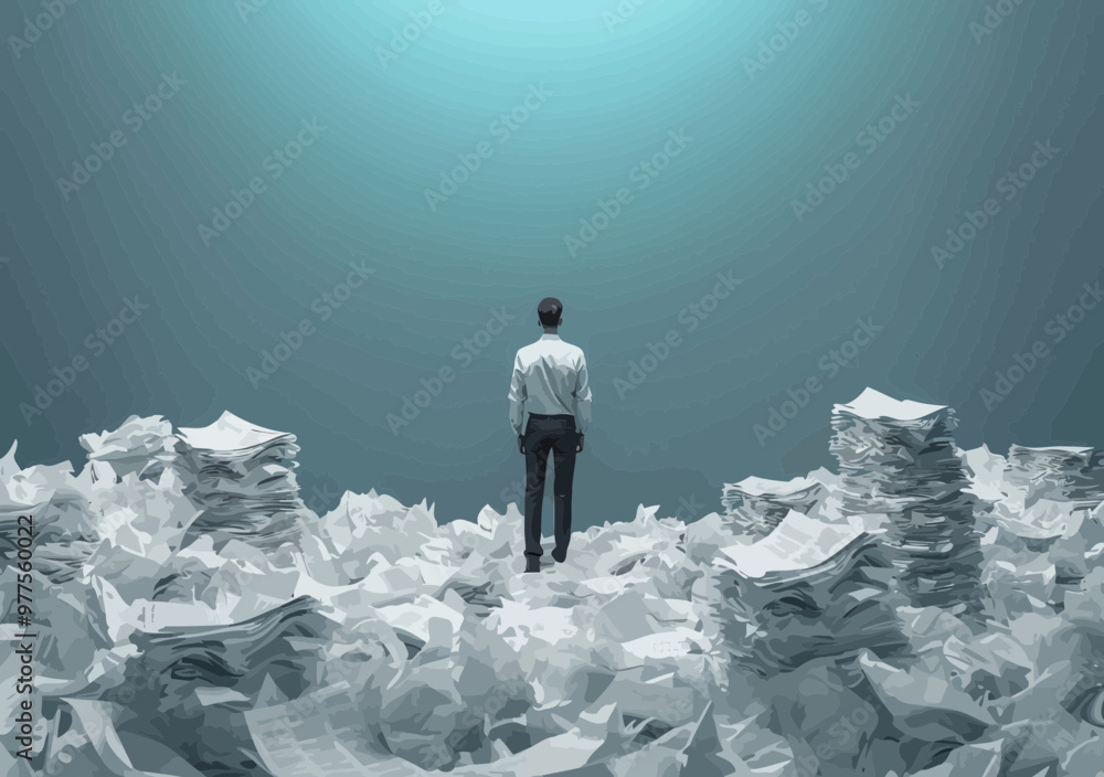 Poster overwhelmed manager among endless paperwork and checklists in business setting symbolizing endless w