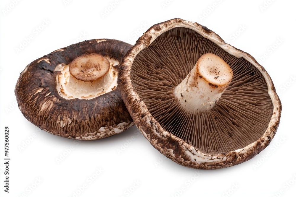 Poster this is an isolated pile of shiitake mushrooms containing high amounts of protein and nutrients.