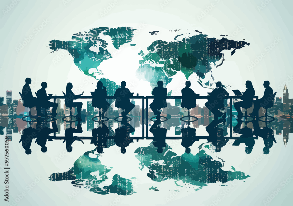 Poster business team meeting around table in arrow shape pointing to globe, symbolizing global trade and in