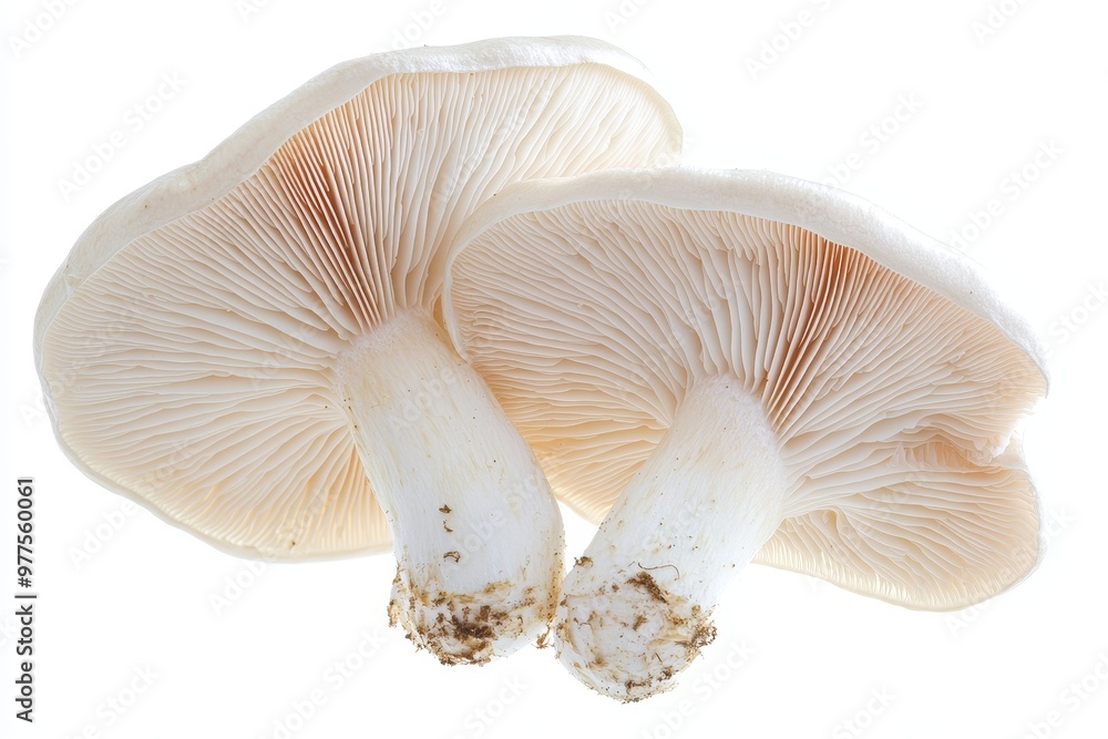 Poster a white branch of mushrooms head isolated on a white background is used for cooking meals and as an 