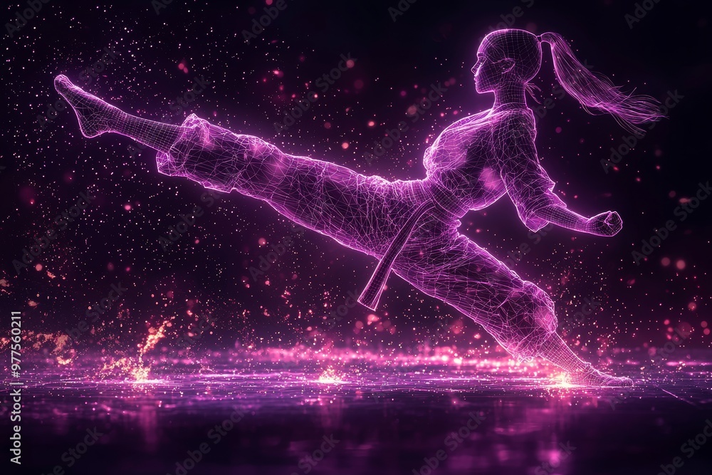 Aufkleber in a dynamic pose against a dark background, an abstract digital illustration shows a human figure m