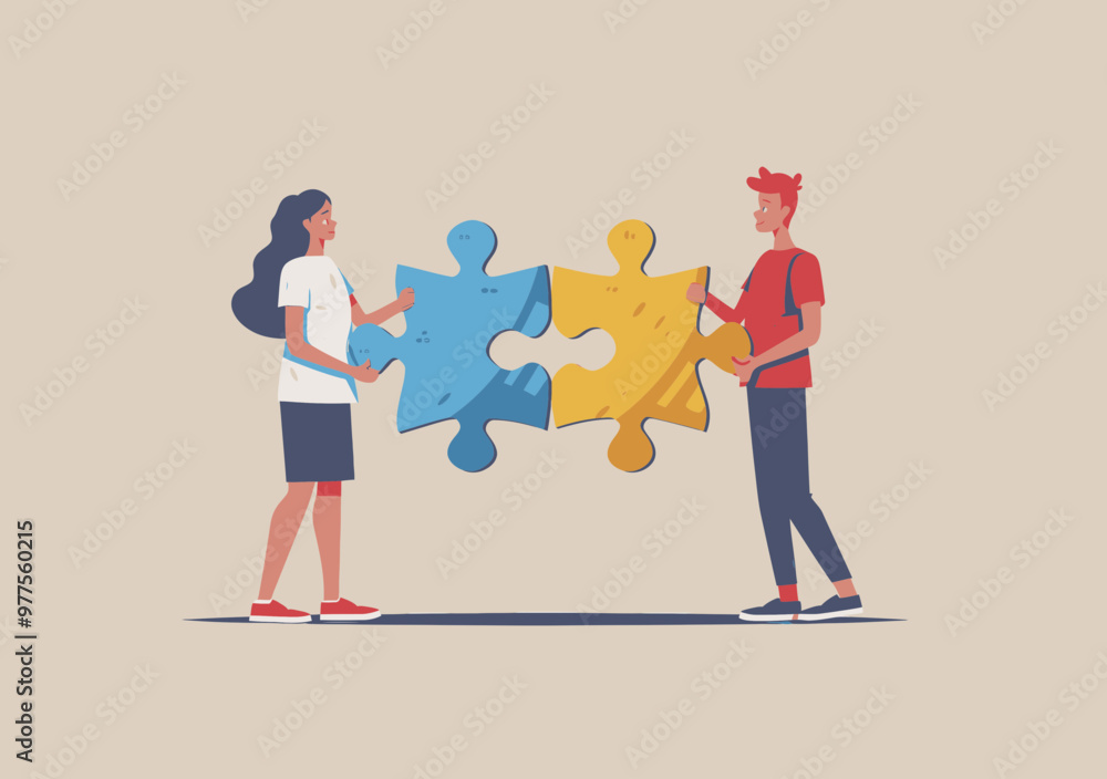 Poster collaborative problem solving: people assembling giant puzzle pieces - concept of teamwork and solut