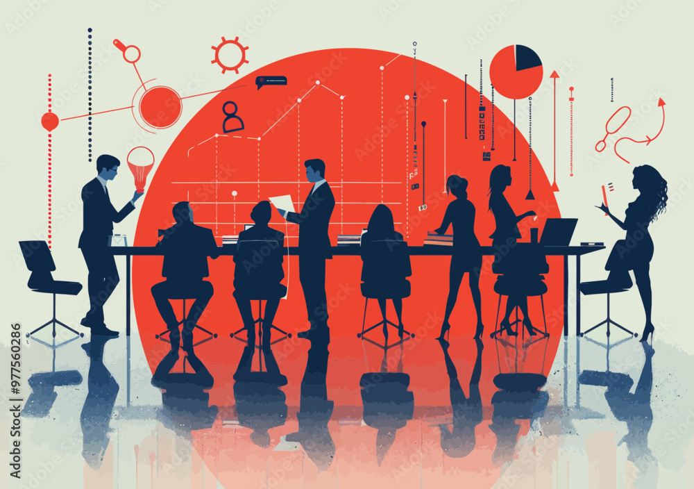 Poster collaborative business team meeting with data analysis illustrations, modern minimalistic vector art