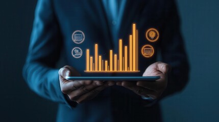 A businessman holding a glowing tablet displaying budget lines and operational tasks, with financial growth icons surrounding the screen