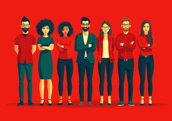 Fototapeta premium Strong Team of Diverse Professionals Demonstrating Teamwork and Unity in Minimalistic Vector Illustration on Red Background, Emphasizing Strong Personalities and Collaboration